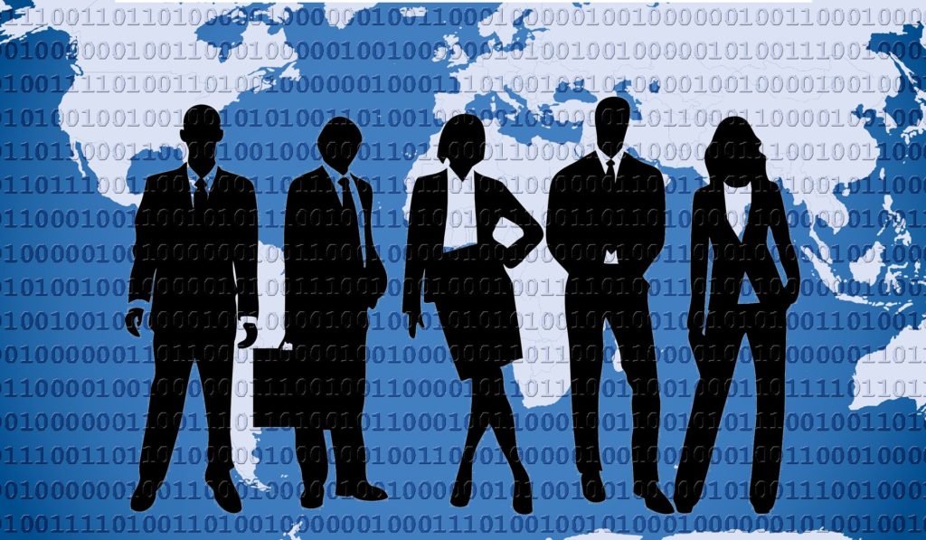 Graphic silhouette of business people standing, overlaid a map.